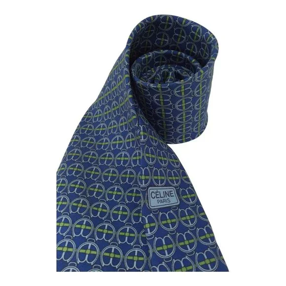 CELINE PARIS Blue Geometric Silk Tie Hand Made 56-3.1/4 EX COND